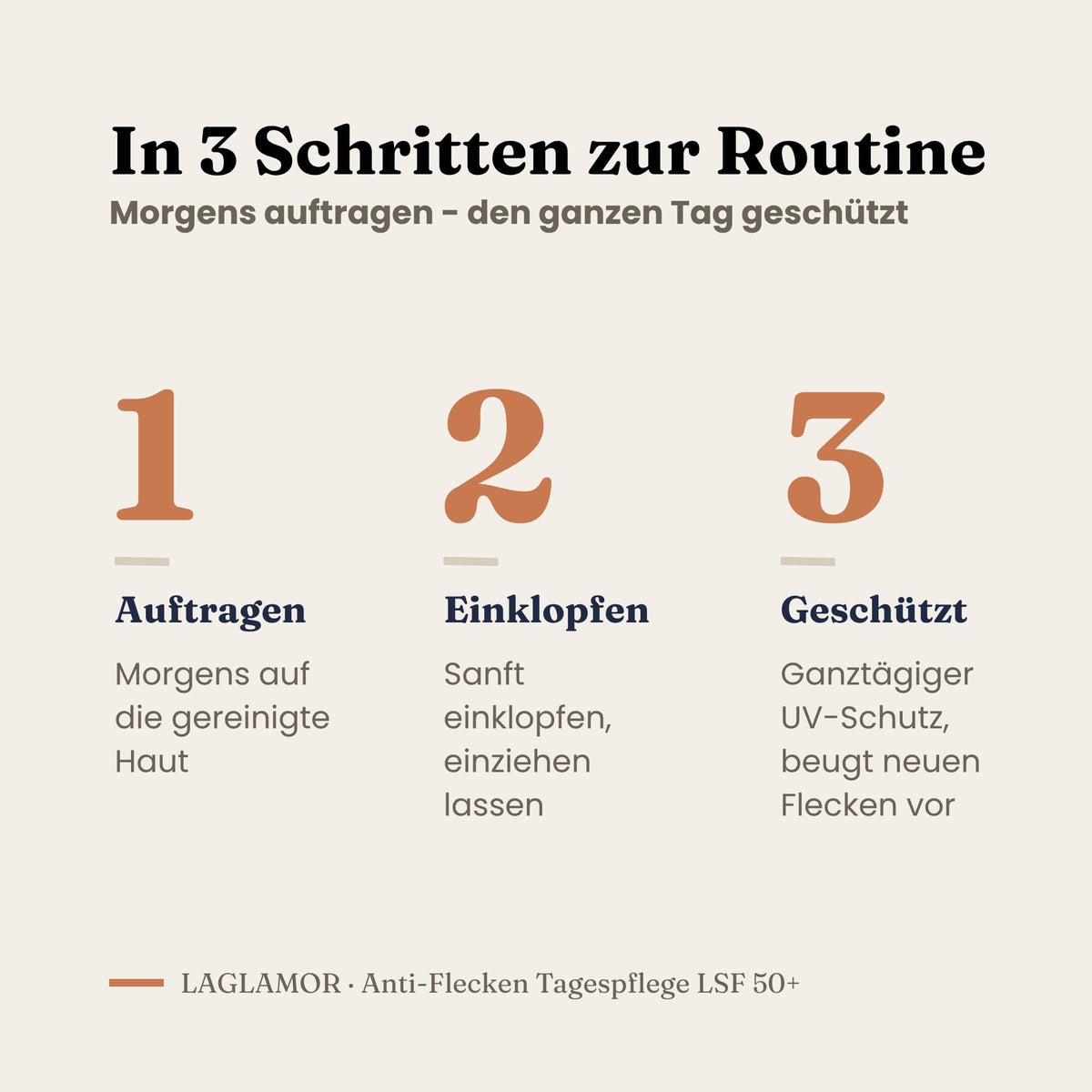 Anwendung der Tagespflege in drei Schritten: auftragen, einklopfen, geschuetzt