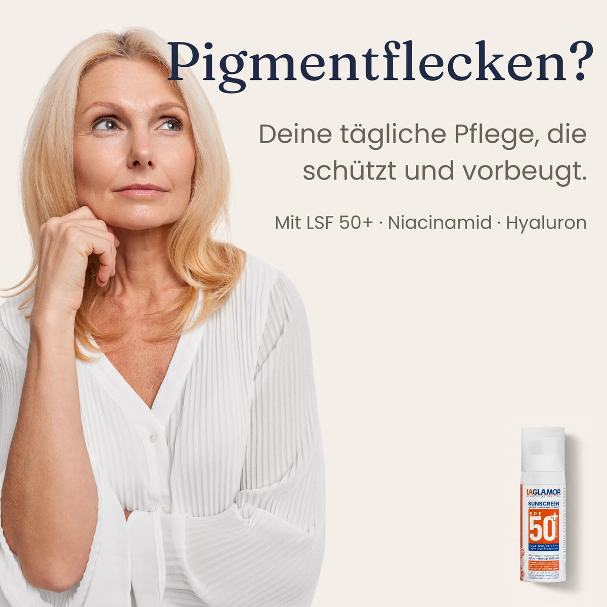 Frau mittleren Alters, Anti-Flecken Tagespflege mit LSF 50+ gegen neue Pigmentflecken